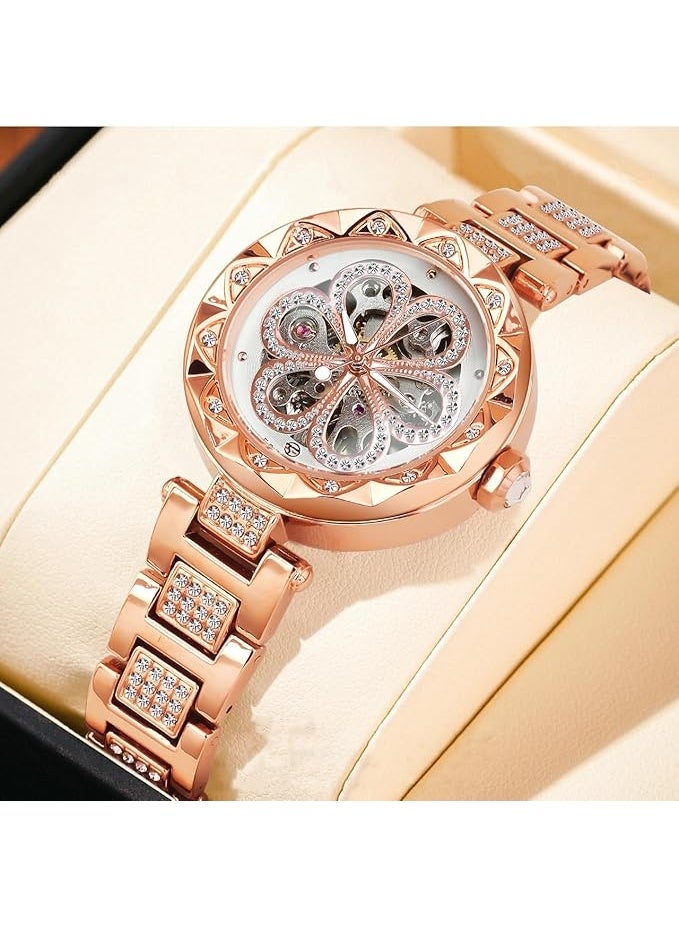 FORSINING Women Automatic Mechanical Watches Skeleton Steampunk Watch with Diamond and Carving Flower Craft Cold Watch for Women Minimalist Retro Design Mechanical Skeleton Wrist Watch - Image 2
